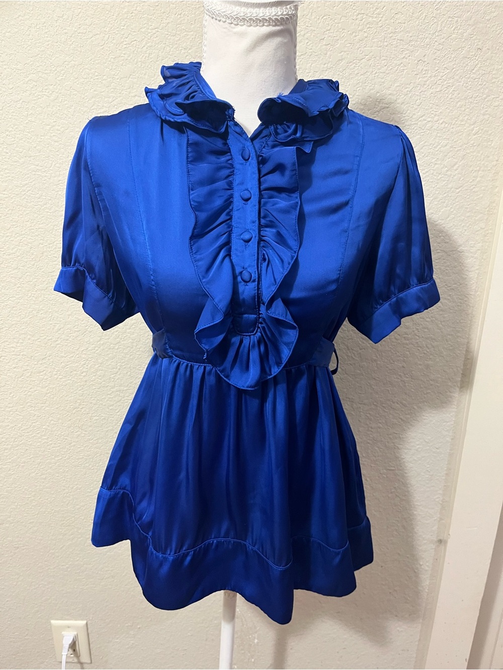Vintage Y2K Twenty One Royal Blue Satin Ruffle Blouse Top Size L